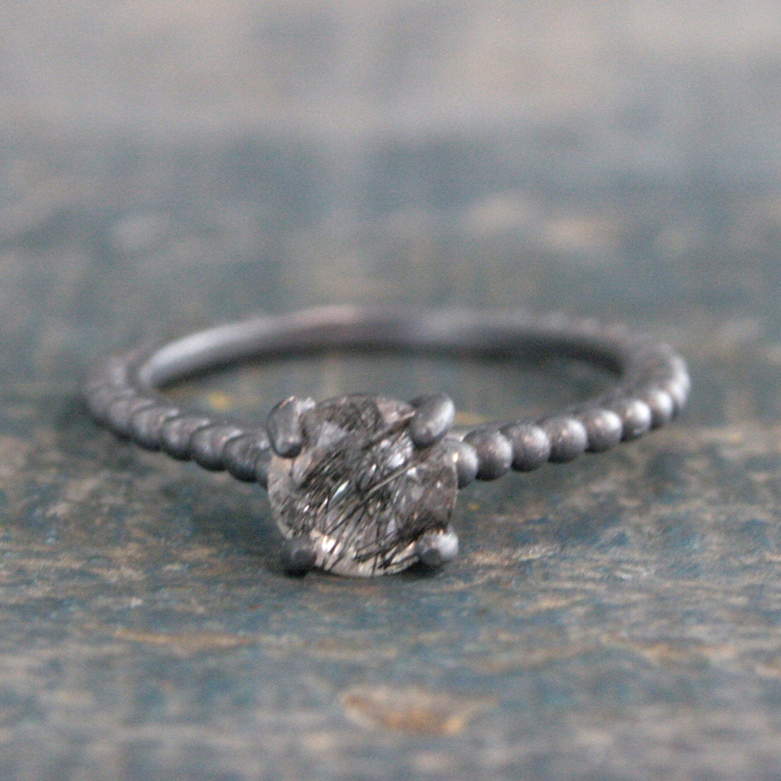 Black Rutilated Quartz Ring Beaded Cathedral Solitaire Black Oxidized Silver Ring Unique Engagement Ring Black Tourmalinated Quartz Ring
