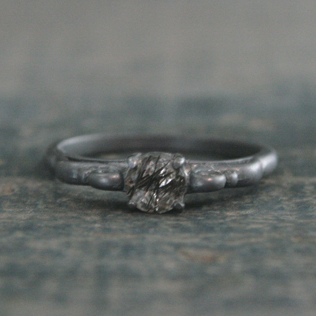Black Rutilated Quartz Ring Dark Princess Black Tourmalinated Quartz Ring Unique Oxidized Black Silver Ring Facetted Rutilated Quartz Ring