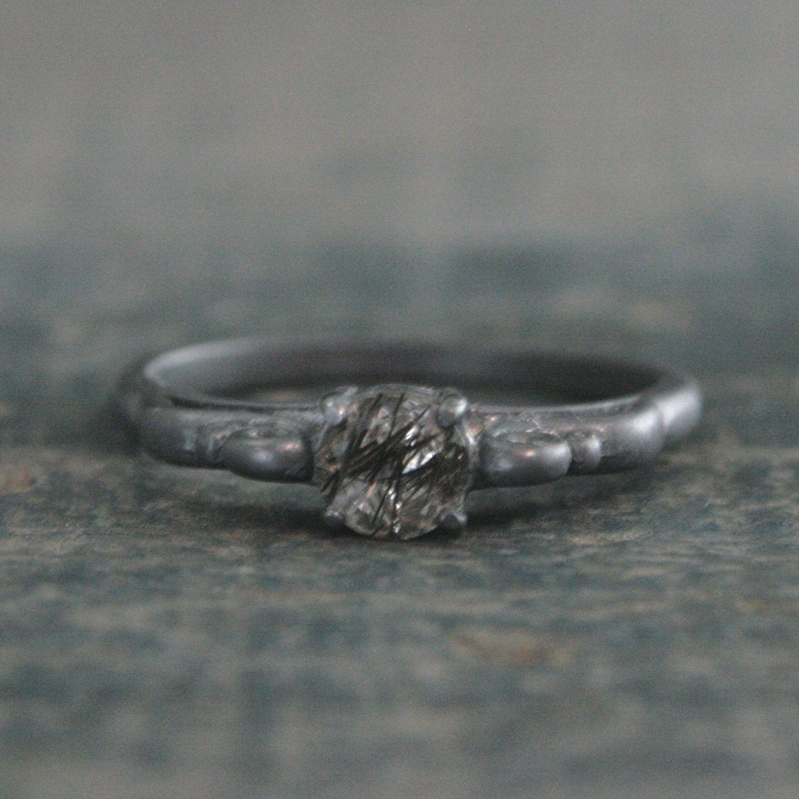 Black Rutilated Quartz Ring Dark Princess Black Tourmalinated Quartz Ring Unique Oxidized Black Silver Ring Facetted Rutilated Quartz Ring