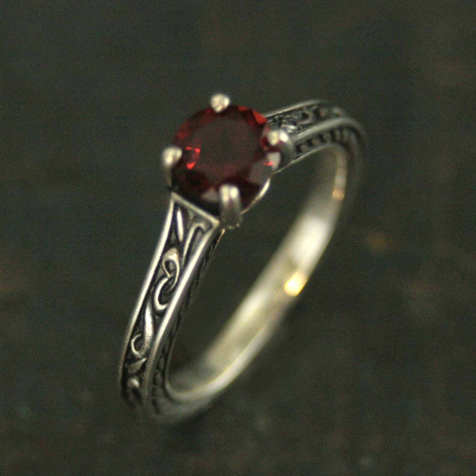 Flourish Cathedral Solitaire Ring Red Garnet Ring Antiqued Silver Sculptural Ring Genuine Mozambique Garnet January Birthstone Ring