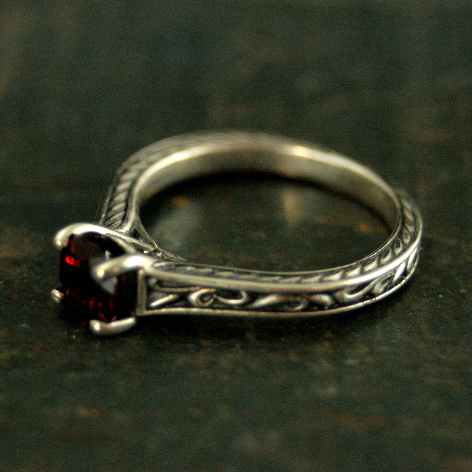 Flourish Cathedral Solitaire Ring Red Garnet Ring Antiqued Silver Sculptural Ring Genuine Mozambique Garnet January Birthstone Ring