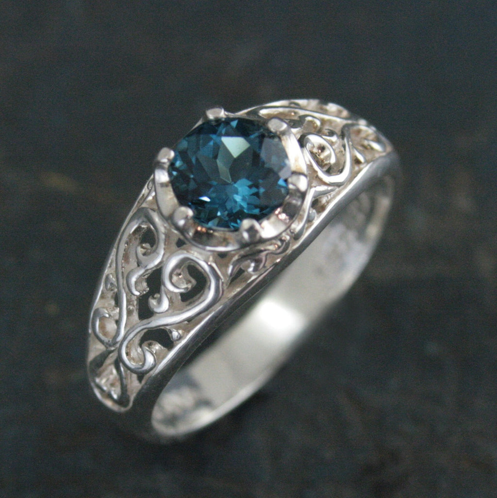 London Blue Topaz Ring Sleeping Beauty Filigree Ring Antique Style Ring Something Blue Bride Gift Vintage Style Ring Filigree Vine Setting