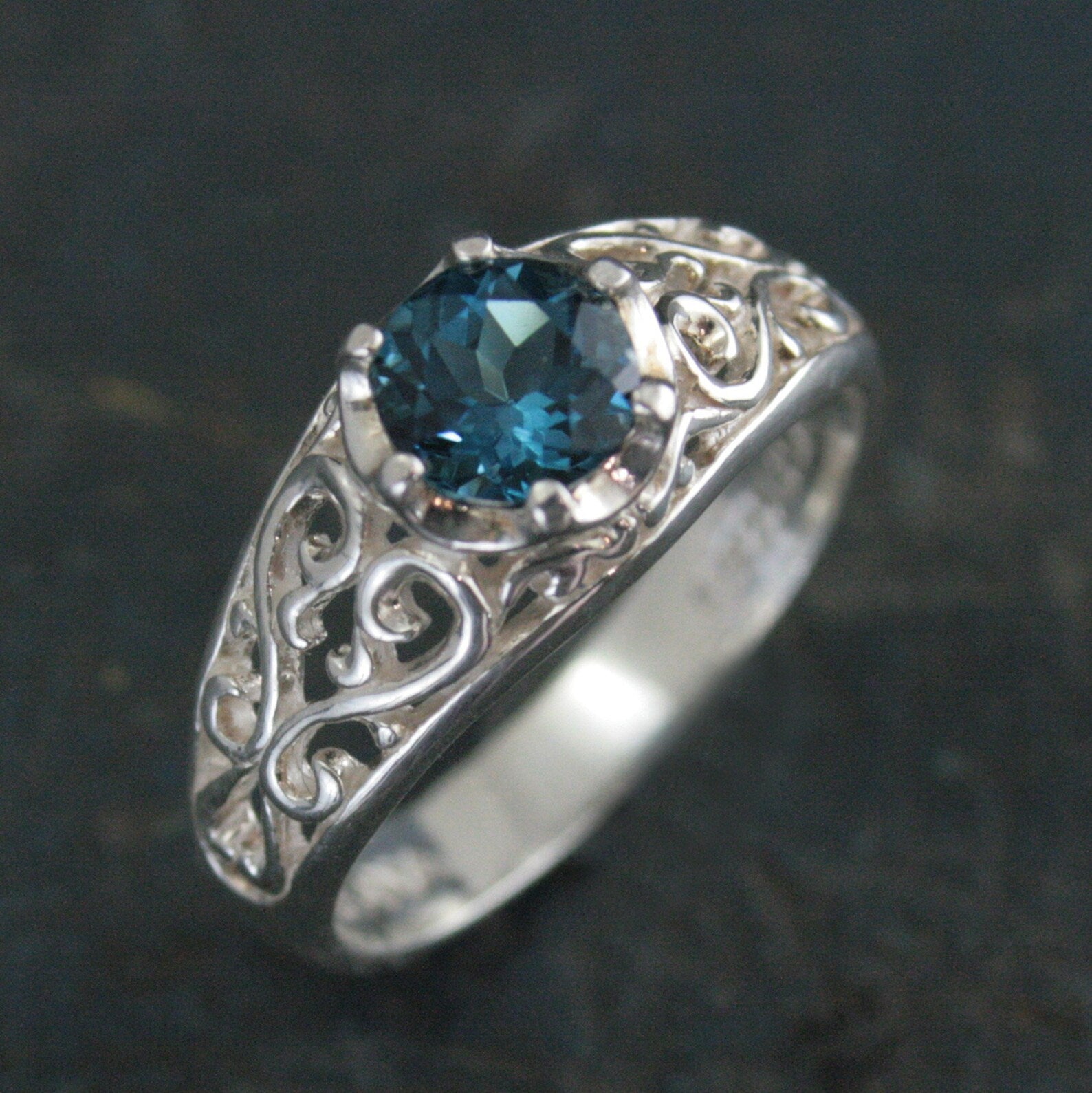 London Blue Topaz Ring Sleeping Beauty Filigree Ring Antique Style Ring Something Blue Bride Gift Vintage Style Ring Filigree Vine Setting