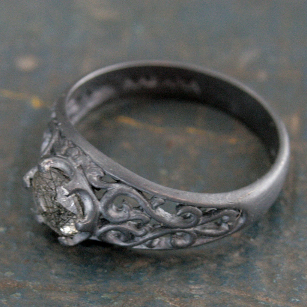 Black Rutilated Quartz Ring Maleficent Oxidized Black Ring Filigree Ring Gothic Ring Alternative Engagement Ring Black Silver Cocktail Ring
