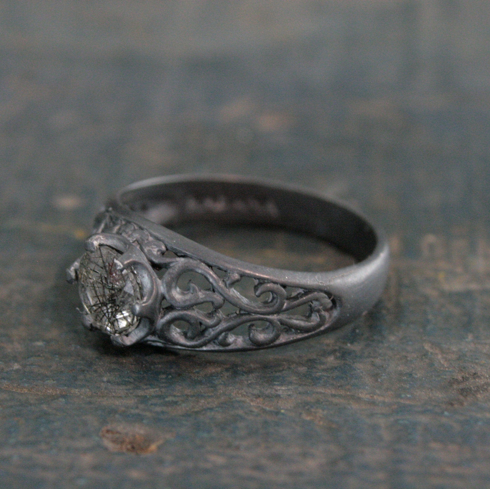 Black Rutilated Quartz Ring Maleficent Oxidized Black Ring Filigree Ring Gothic Ring Alternative Engagement Ring Black Silver Cocktail Ring