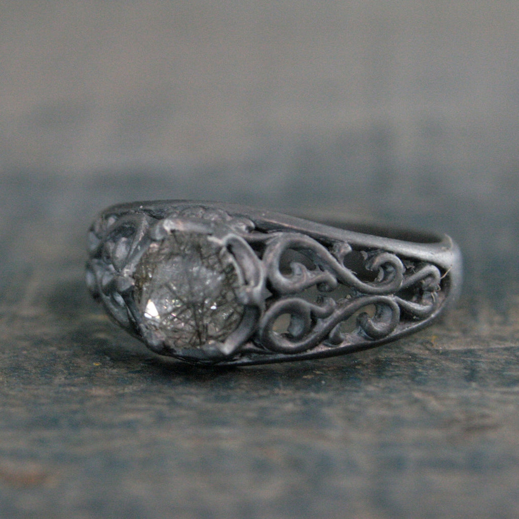Black Rutilated Quartz Ring Maleficent Oxidized Black Ring Filigree Ring Gothic Ring Alternative Engagement Ring Black Silver Cocktail Ring