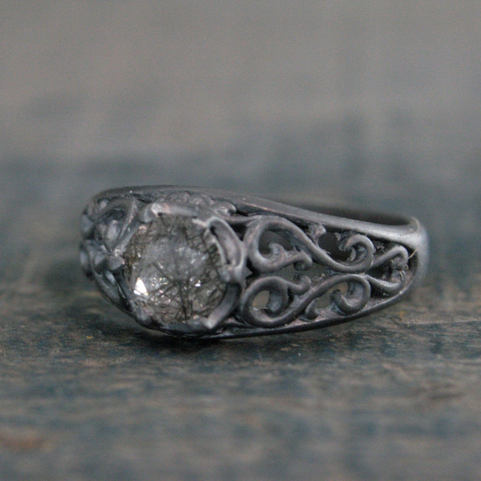 Black Rutilated Quartz Ring Maleficent Oxidized Black Ring Filigree Ring Gothic Ring Alternative Engagement Ring Black Silver Cocktail Ring