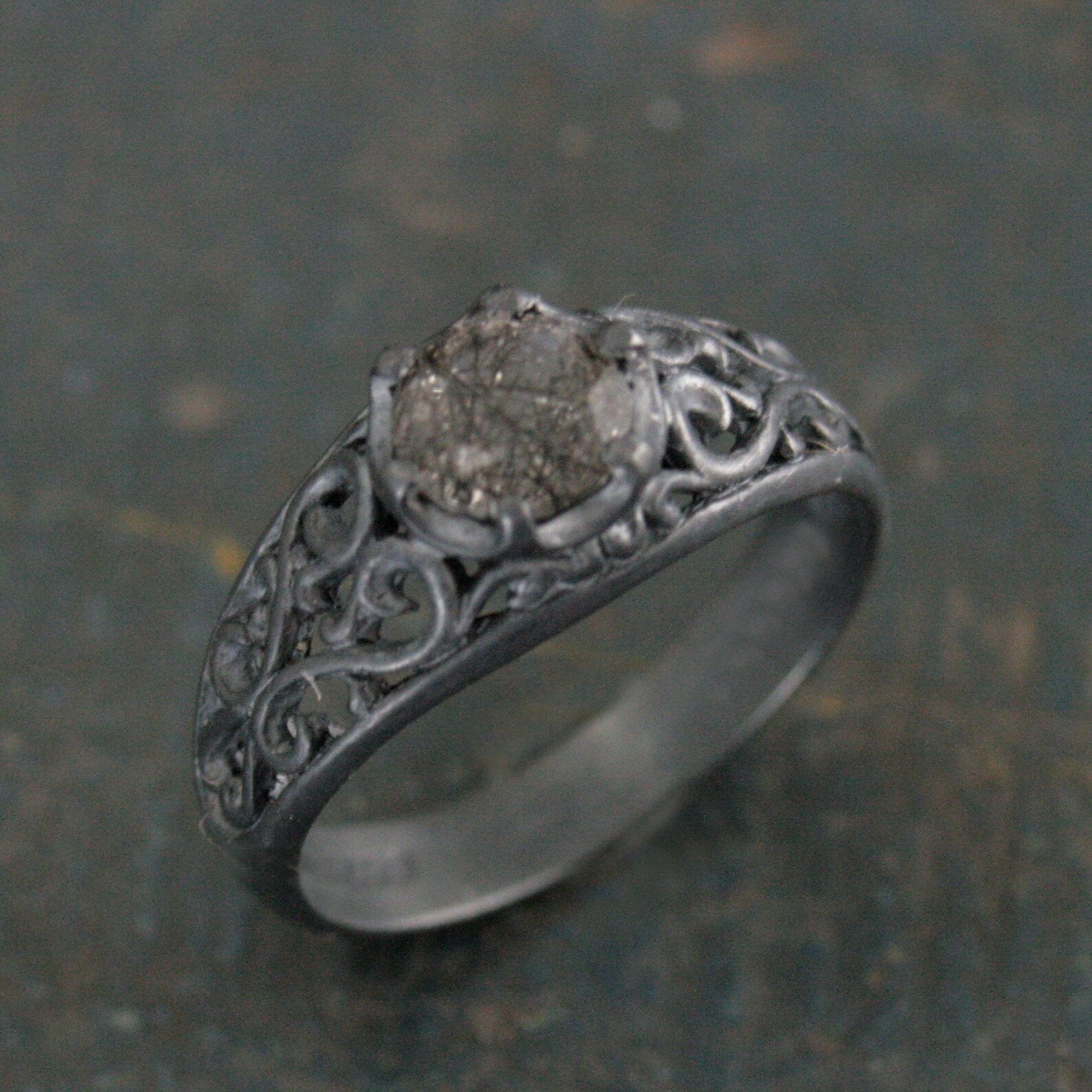 Black Rutilated Quartz Ring Maleficent Oxidized Black Ring Filigree Ring Gothic Ring Alternative Engagement Ring Black Silver Cocktail Ring