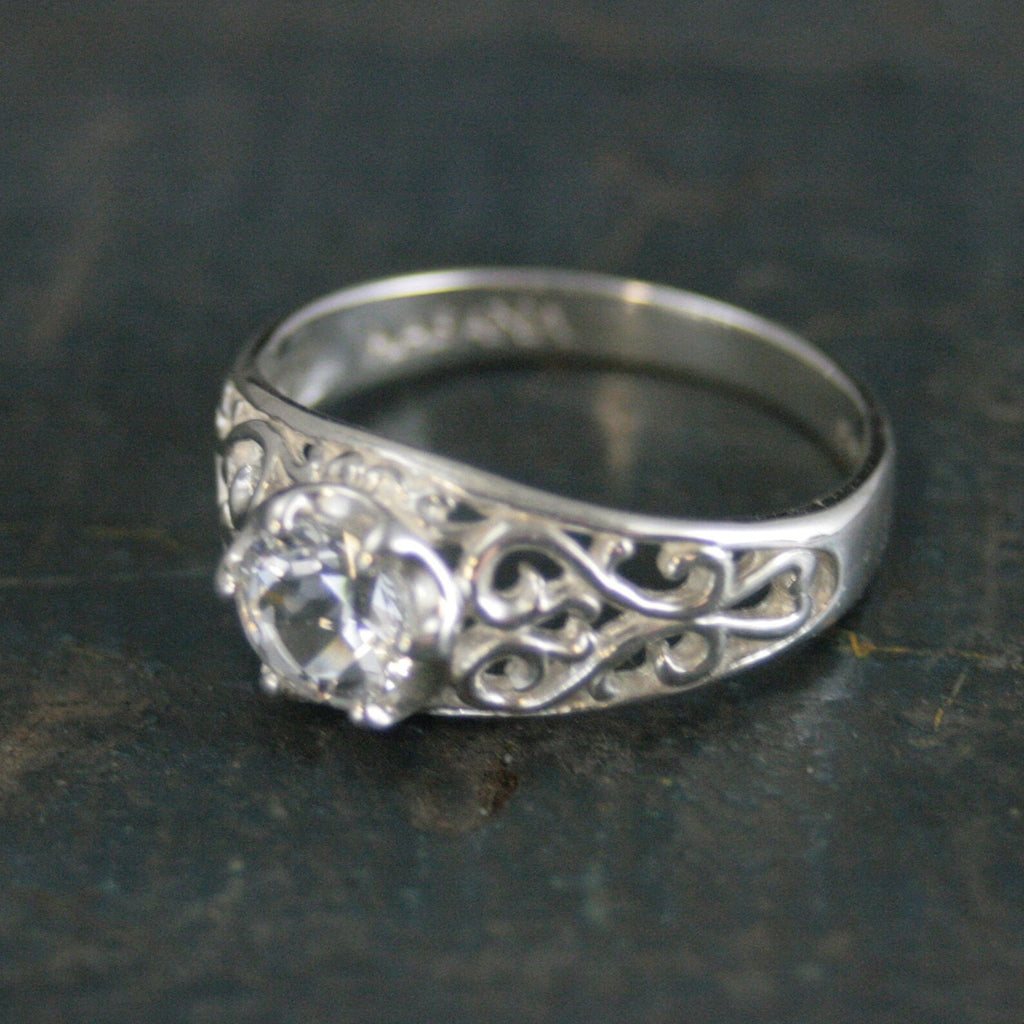 Sleeping Beauty White Topaz Ring Filigree Cubic Zirconia Ring Elegant Engagement Ring Antique Style Ring Vintage Style Ring Filigree Hearts