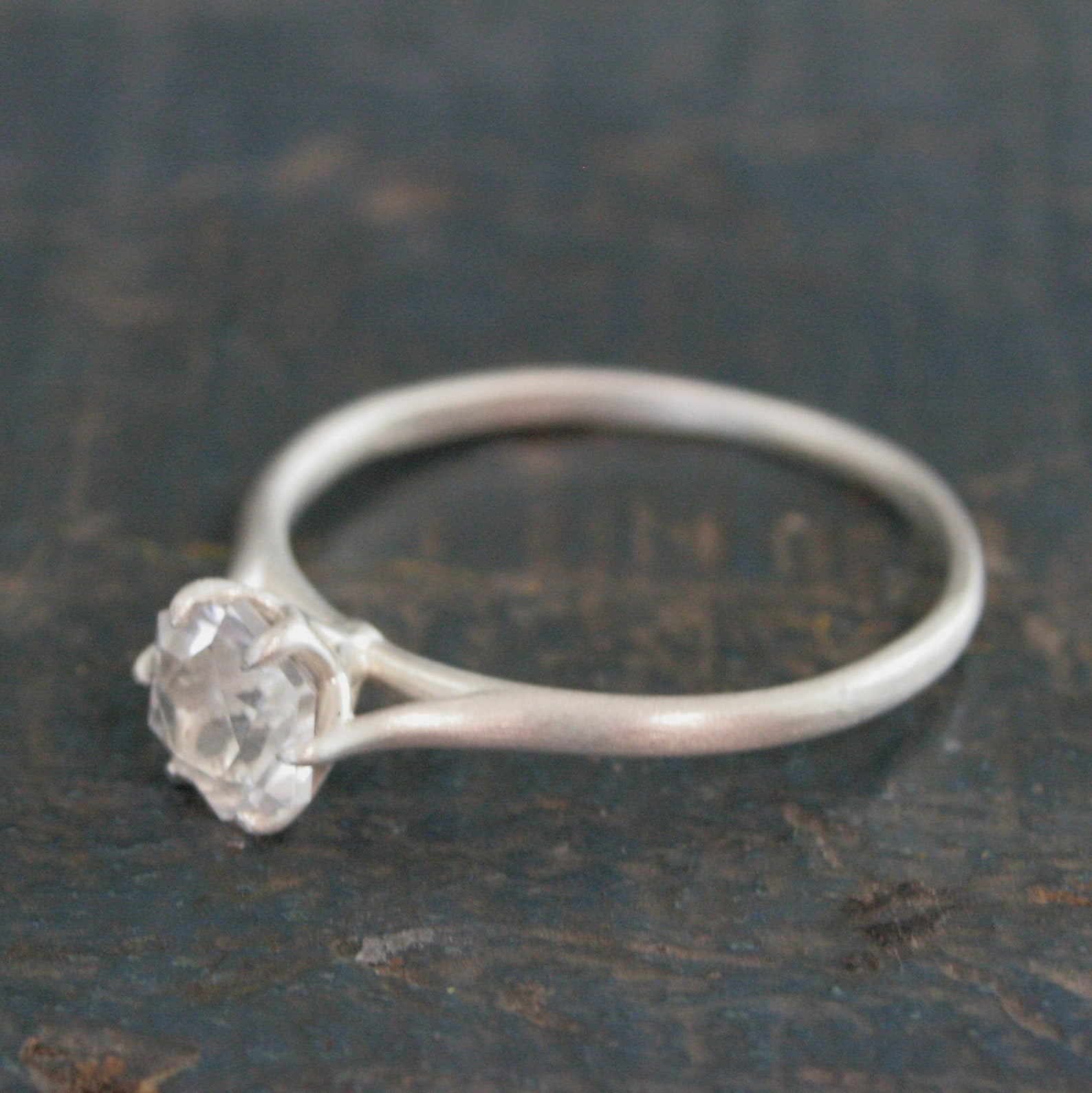 Silver Hexagon Solitaire American Mined Arkansas Ice Quartz Hexagon Stone Elegant Six Prong Setting Unique Engagement Ring Conflict Free