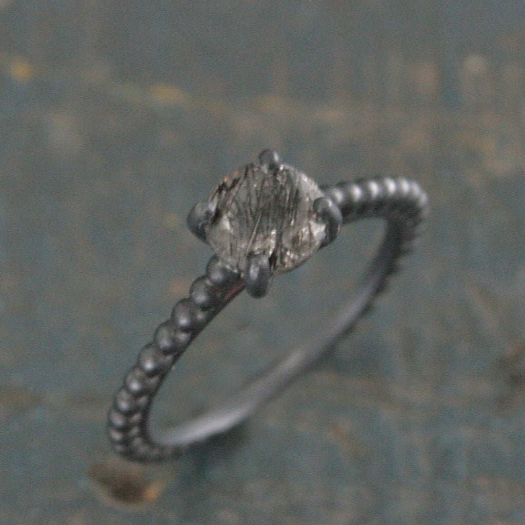 Black Rutilated Quartz Ring Beaded Cathedral Solitaire Black Oxidized Silver Ring Unique Engagement Ring Black Tourmalinated Quartz Ring
