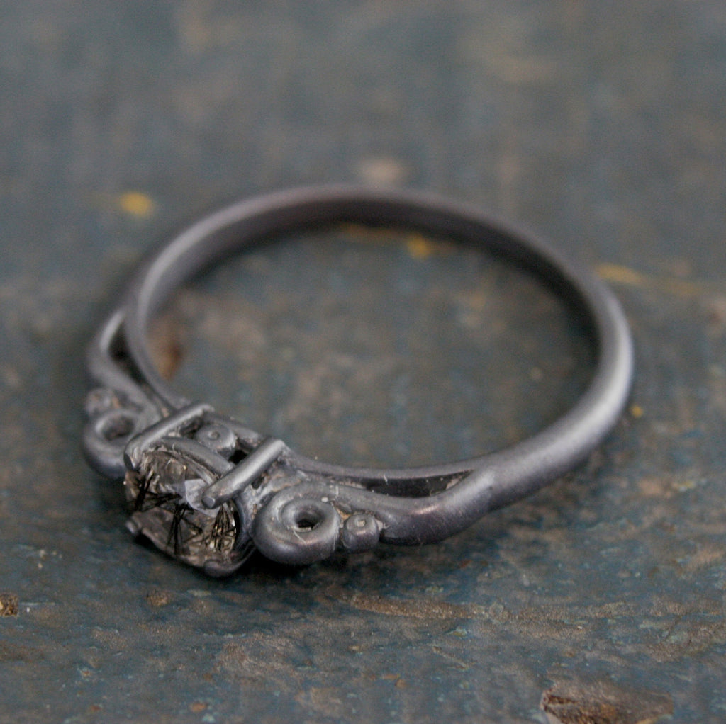Black Rutilated Quartz Ring Dark Princess Black Tourmalinated Quartz Ring Unique Oxidized Black Silver Ring Facetted Rutilated Quartz Ring