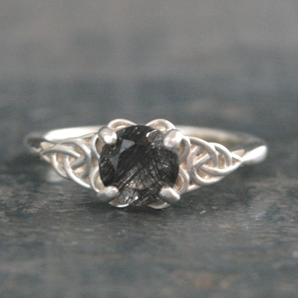 Black Tourmalinated Quartz Ring Celtic Ring Black Silver Ring Black Rutilated Quartz Ring Celtic Knot Ring Unique Engagement Ring