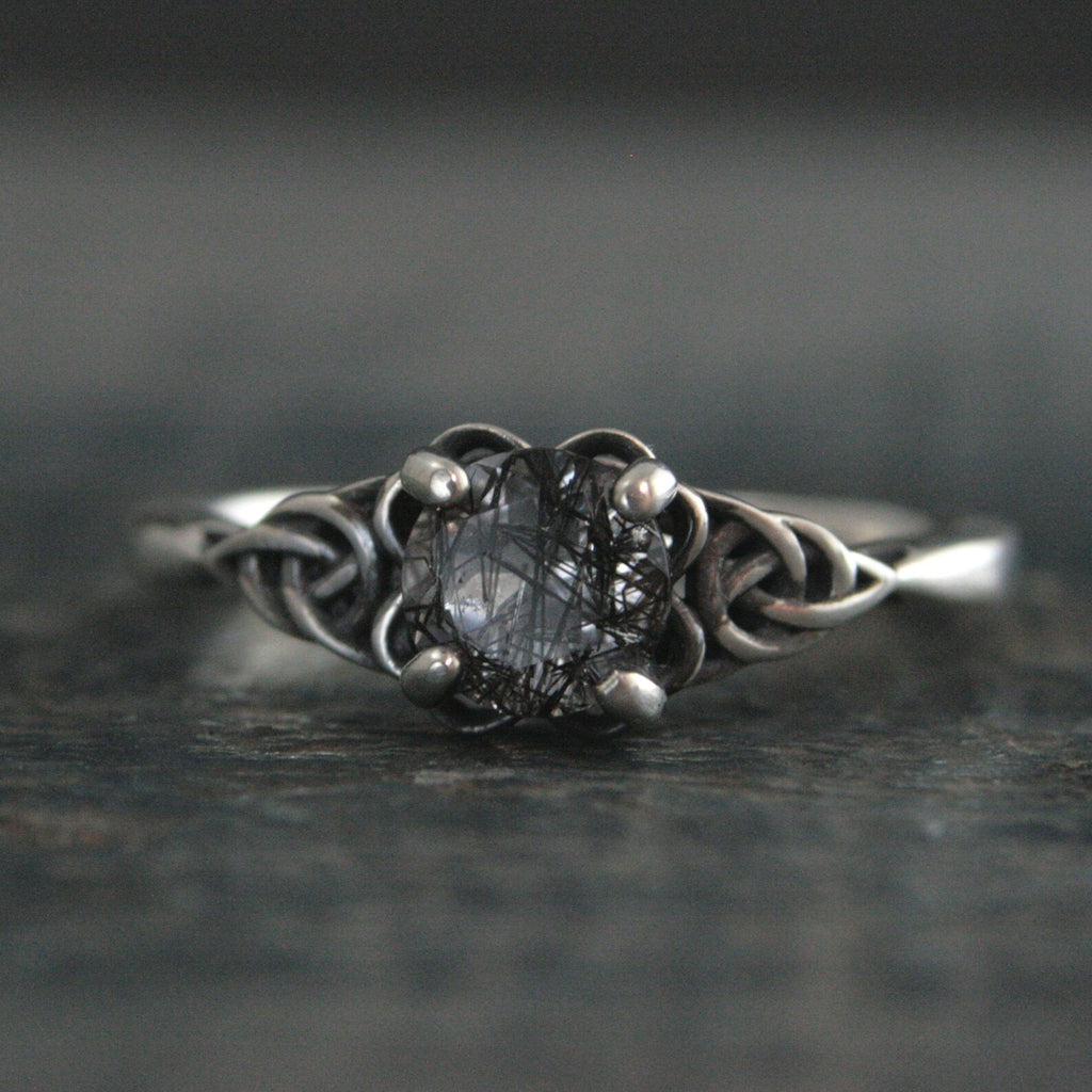 Celtic Ring with Black Rutilated Quartz Ring Celtic Knot Engagement Ring Scottish Ring Irish Ring Black Tourmalinated Quartz Ring