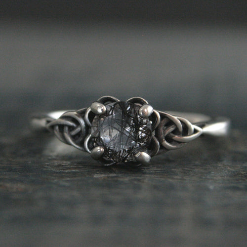 Celtic Ring with Black Rutilated Quartz Ring Celtic Knot Engagement Ring Scottish Ring Irish Ring Black Tourmalinated Quartz Ring