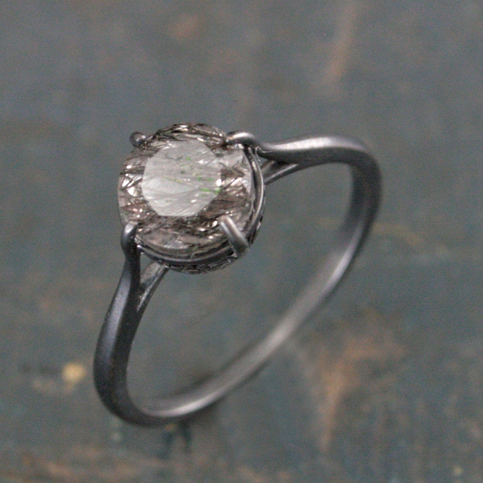 7mm Rutilated Quartz Ring Black Silver Filigree Ring NSEW Prongs Black Tourmalinated Quartz Ring Oxidized Silver Filigree Ring