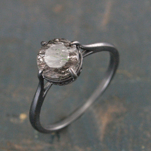 7mm Rutilated Quartz Ring Black Silver Filigree Ring NSEW Prongs Black Tourmalinated Quartz Ring Oxidized Silver Filigree Ring