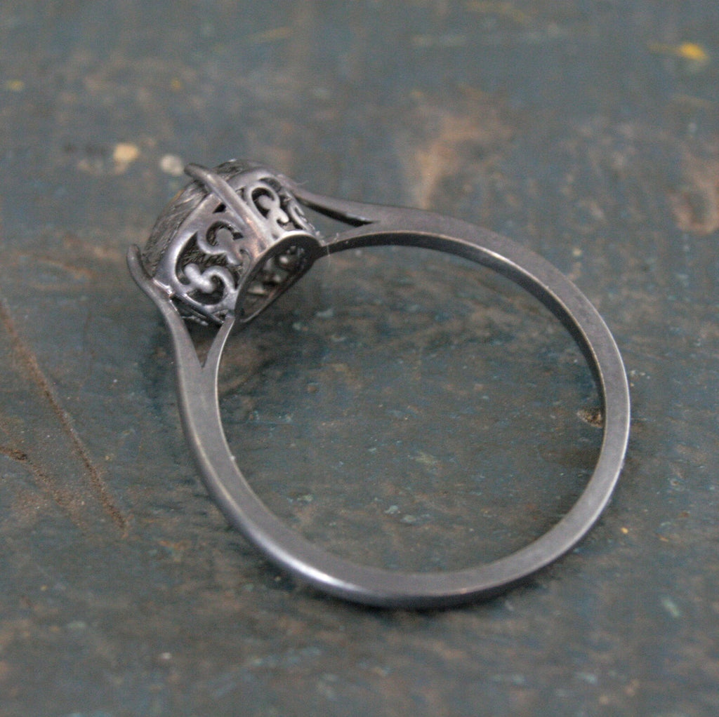 7mm Rutilated Quartz Ring Black Silver Filigree Ring NSEW Prongs Black Tourmalinated Quartz Ring Oxidized Silver Filigree Ring