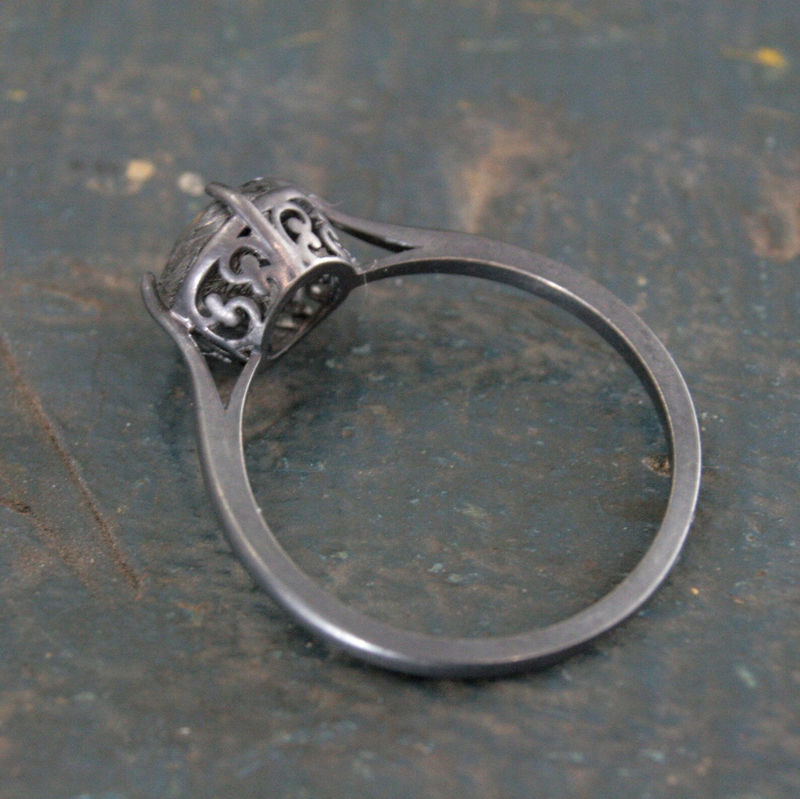 7mm Rutilated Quartz Ring Black Silver Filigree Ring NSEW Prongs Black Tourmalinated Quartz Ring Oxidized Silver Filigree Ring