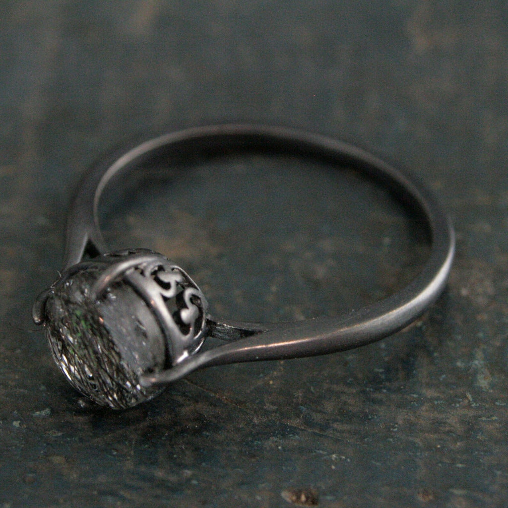 7mm Rutilated Quartz Ring Black Silver Filigree Ring NSEW Prongs Black Tourmalinated Quartz Ring Oxidized Silver Filigree Ring