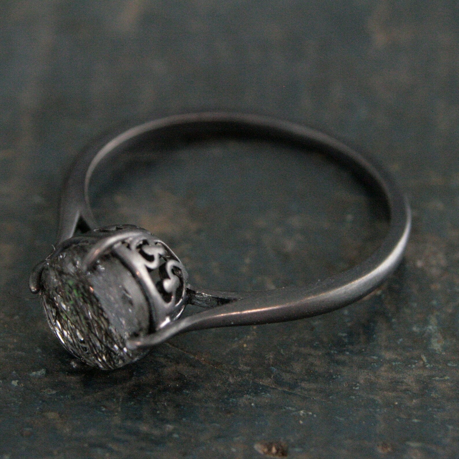 7mm Rutilated Quartz Ring Black Silver Filigree Ring NSEW Prongs Black Tourmalinated Quartz Ring Oxidized Silver Filigree Ring
