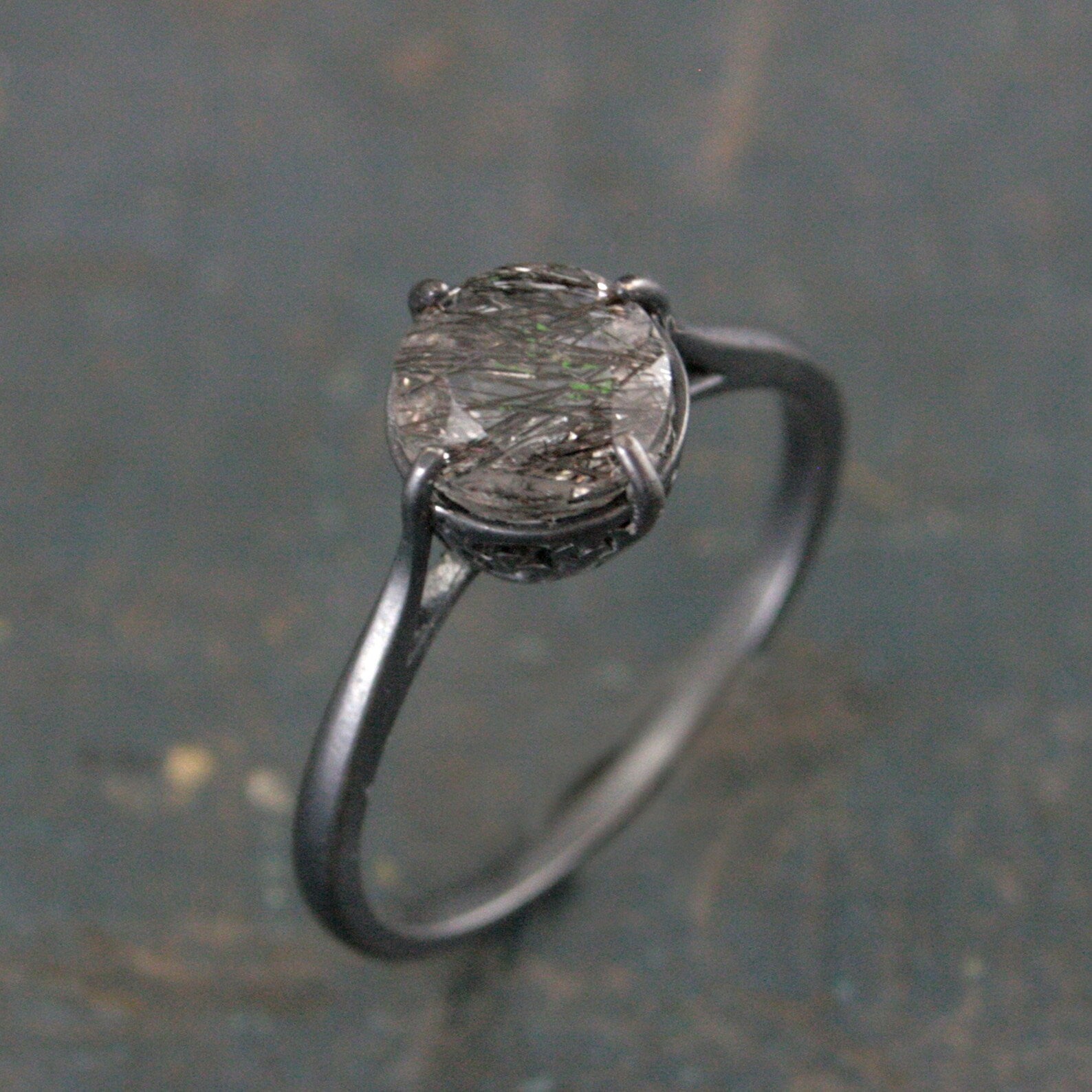 7mm Rutilated Quartz Ring Black Silver Filigree Ring NSEW Prongs Black Tourmalinated Quartz Ring Oxidized Silver Filigree Ring