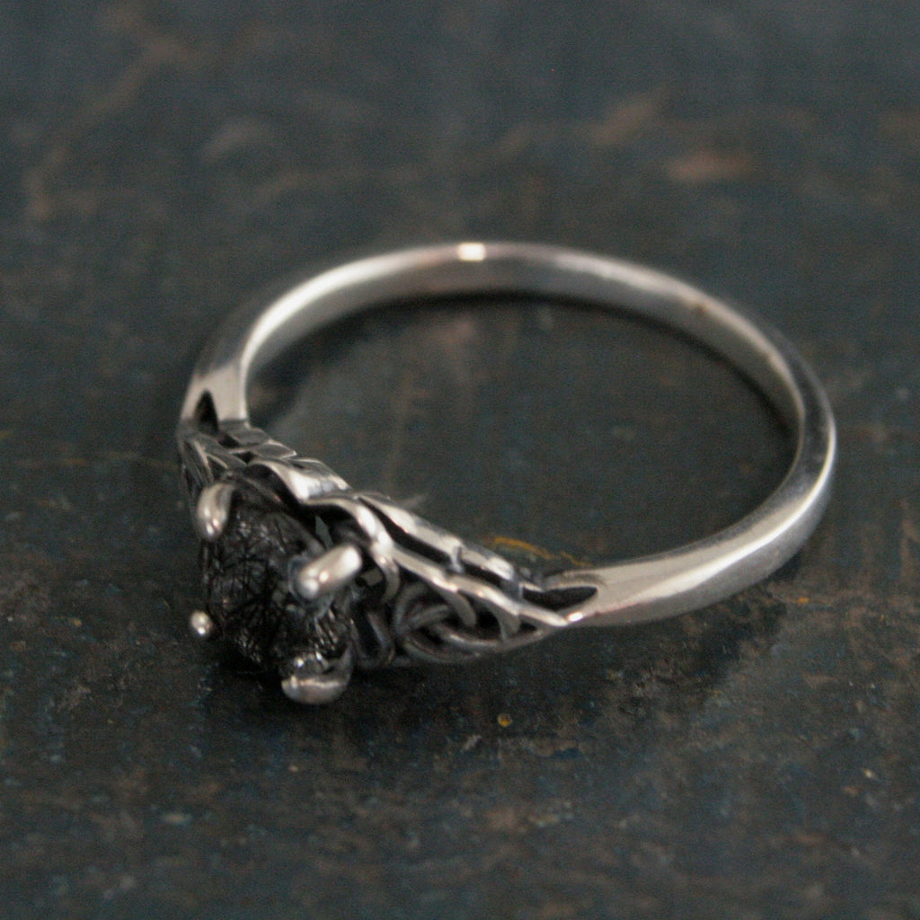 Celtic Ring with Black Rutilated Quartz Ring Celtic Knot Engagement Ring Scottish Ring Irish Ring Black Tourmalinated Quartz Ring