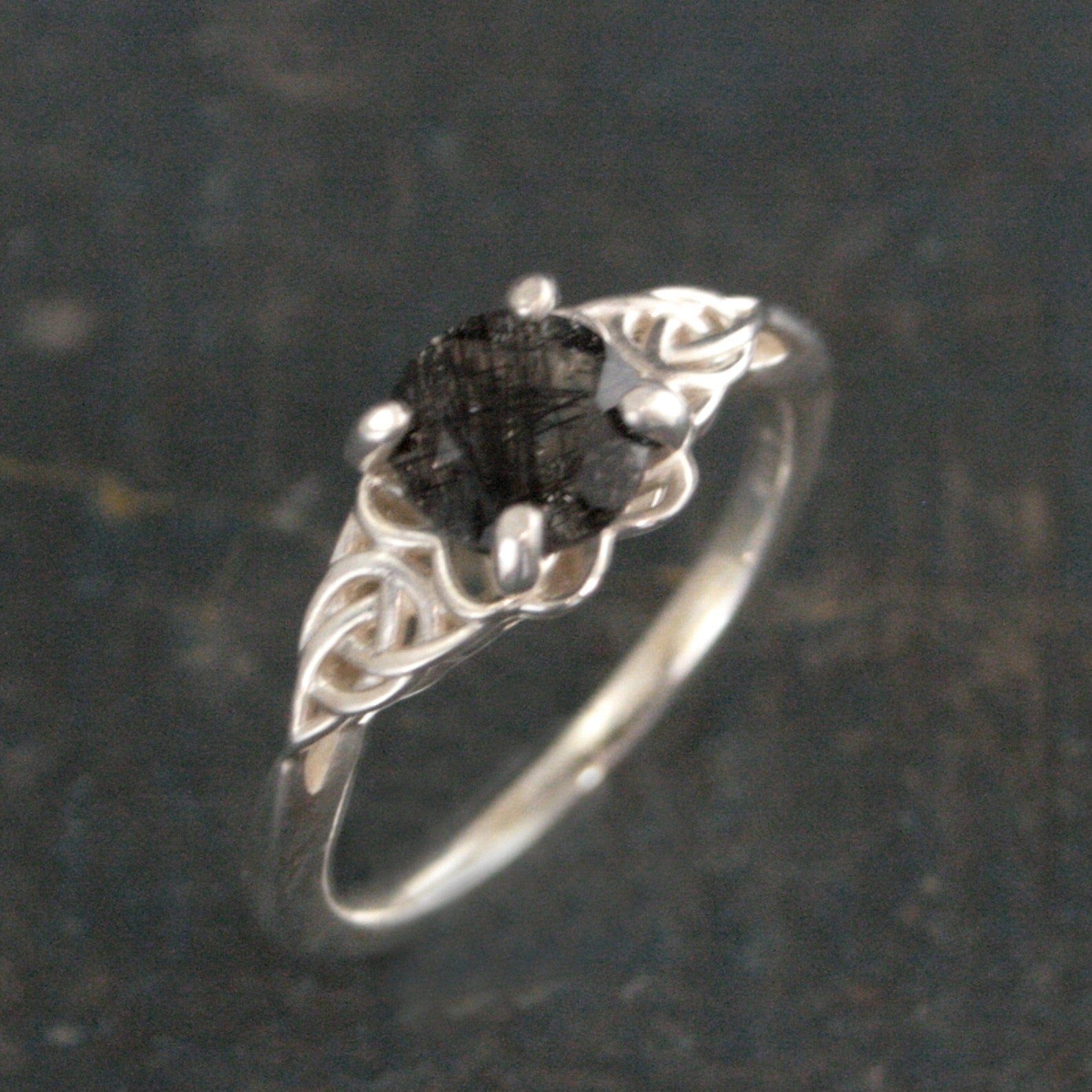 Celtic Ring with Black Rutilated Quartz Ring Celtic Knot Engagement Ring Scottish Ring Irish Ring Black Tourmalinated Quartz Ring