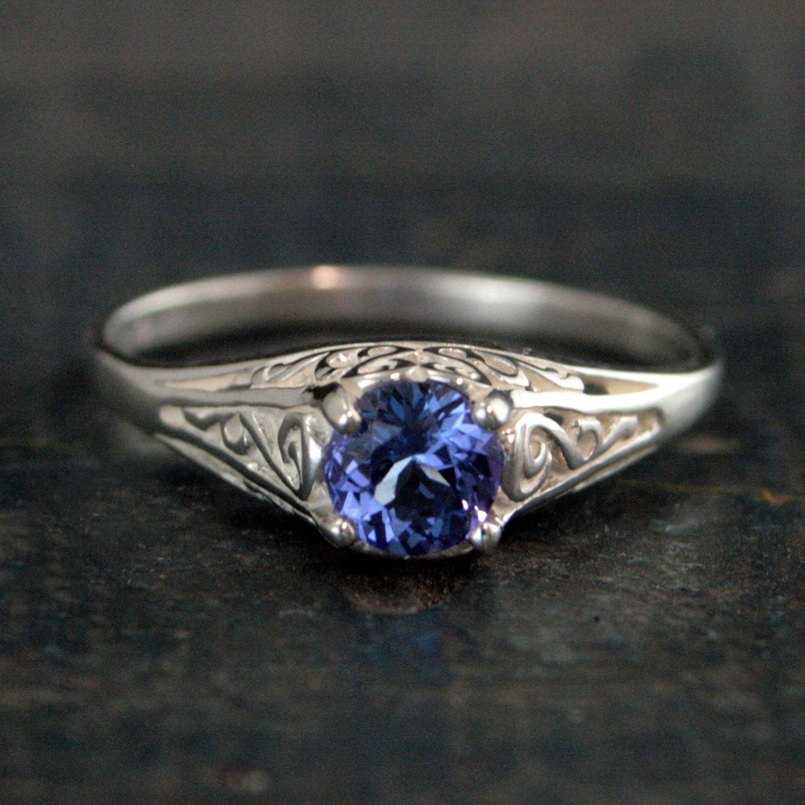 Tanzanite Ring Filigree Cinderella Antique Style Ring Vintage Style Ring Genuine Tanzanite Purple Stone Ring Silver December Birthstone Ring