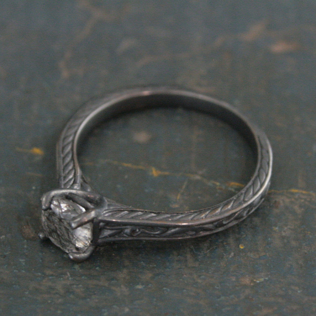 Black Rutilated Quartz Ring Gothic Vine Flourish Cathedral Oxidized Black Silver Ring Unique Engagement Ring Black Tourmalinated Quartz Ring