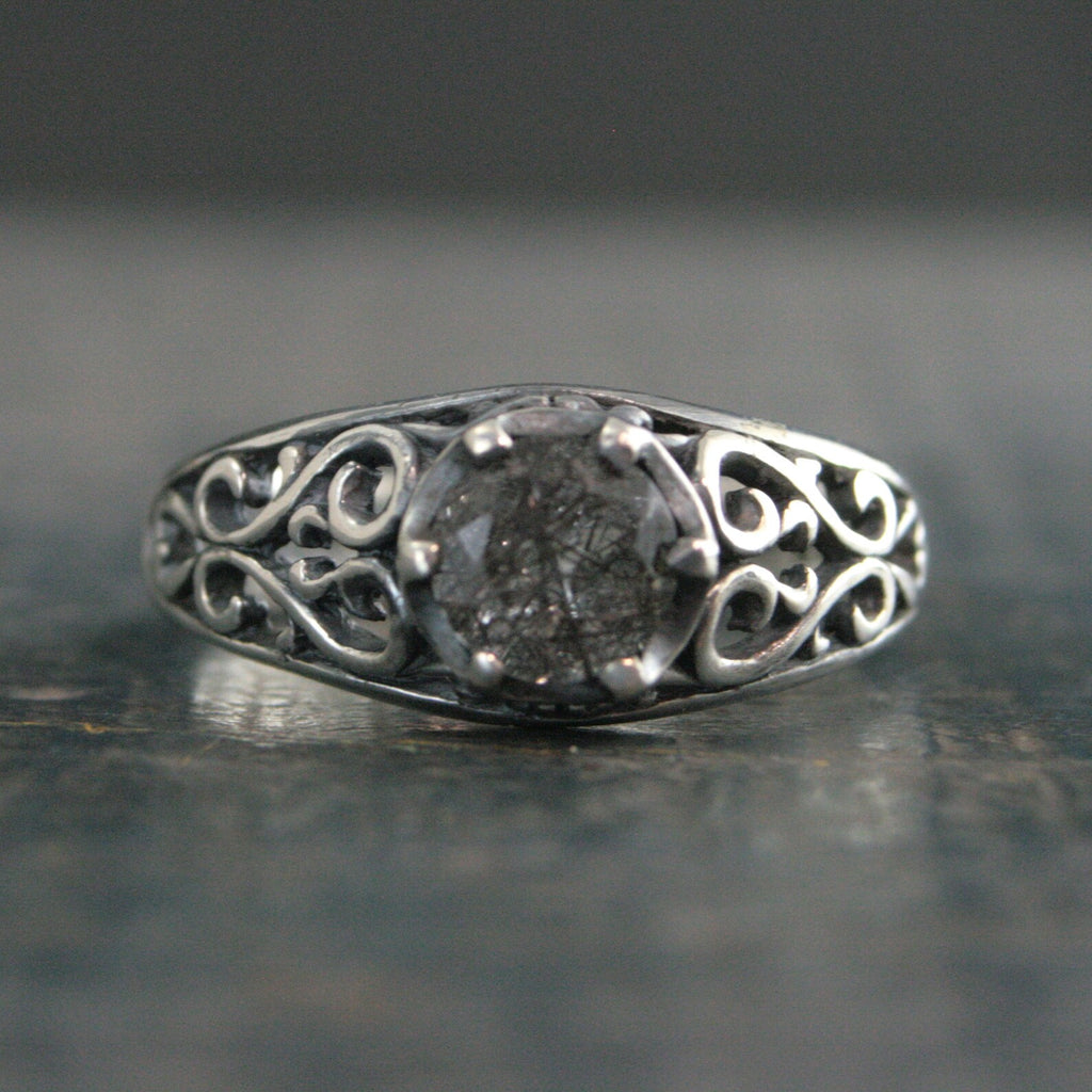 Black Rutilated Quartz Ring Maleficent Oxidized Polished Filigree Ring Gothic Ring Alternative Engagement Ring Black Silver Cocktail Ring
