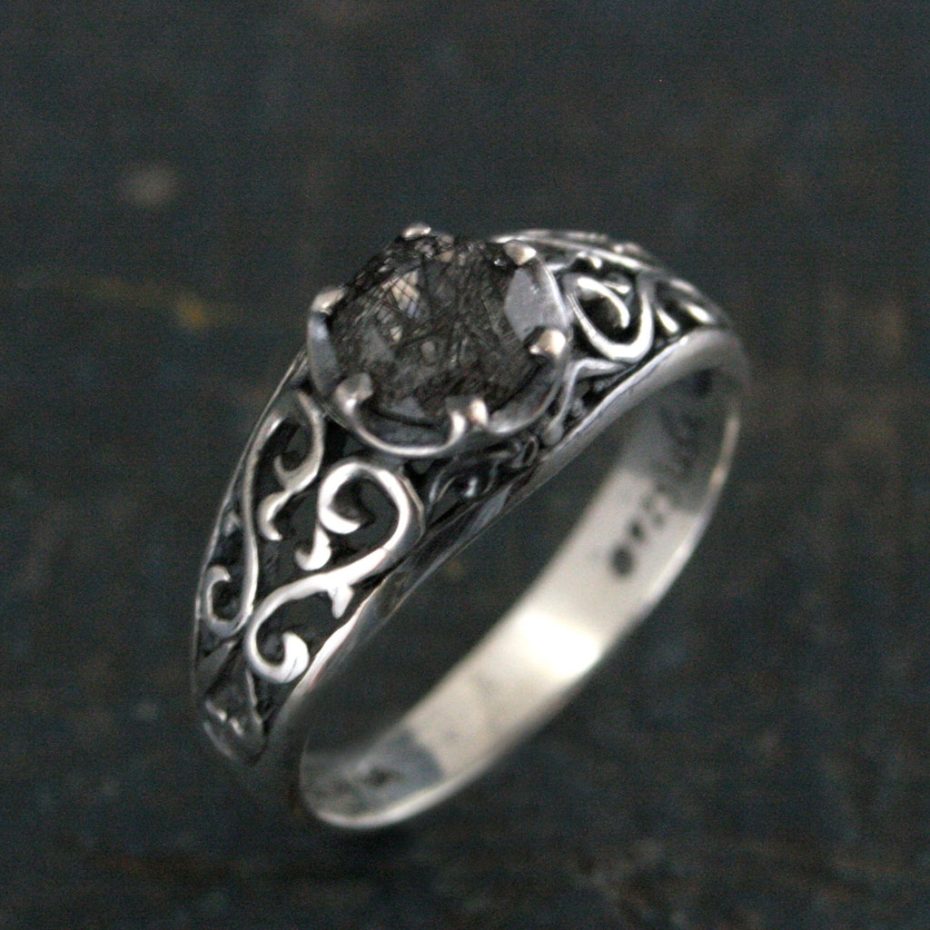 Black Rutilated Quartz Ring Maleficent Oxidized Polished Filigree Ring Gothic Ring Alternative Engagement Ring Black Silver Cocktail Ring