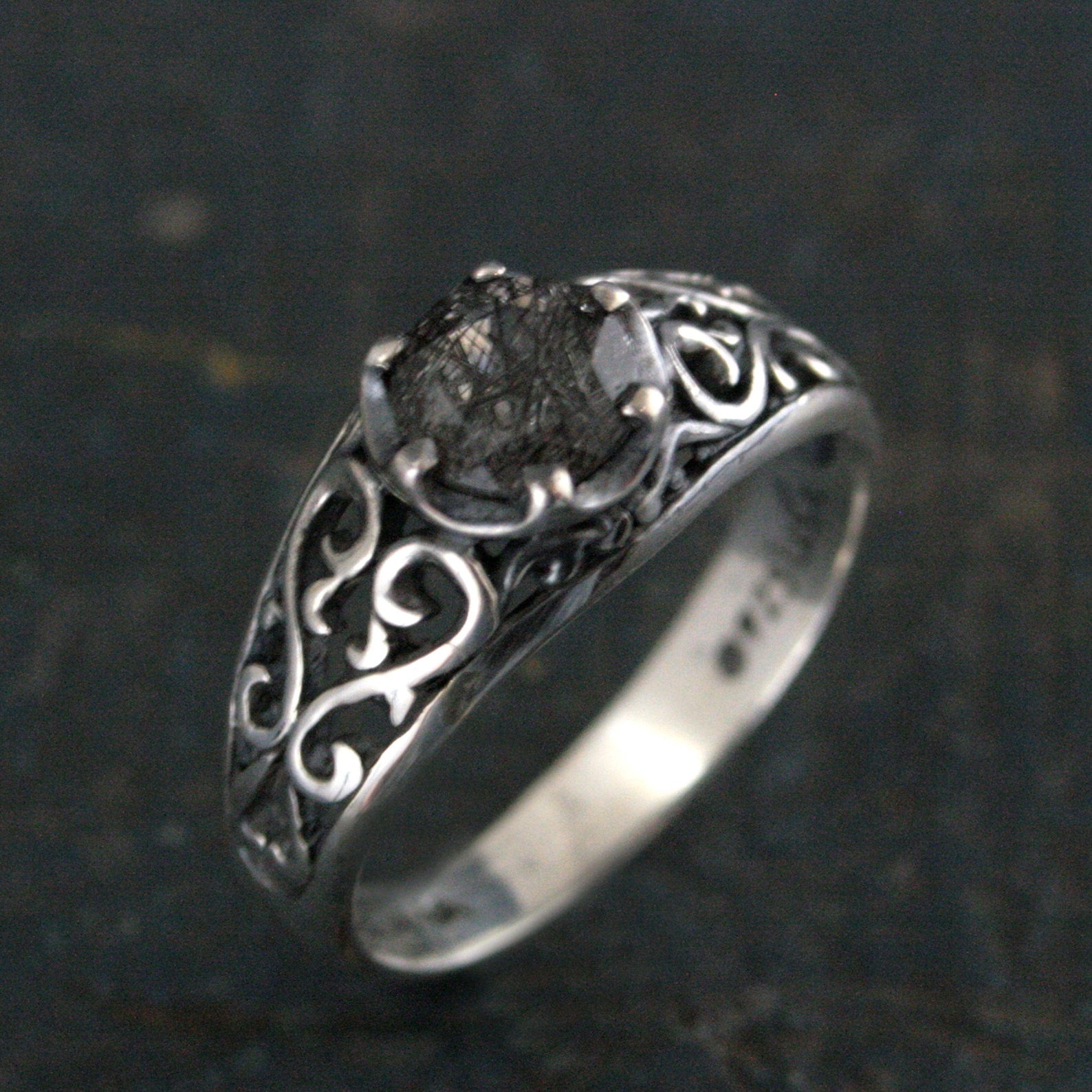 Black Rutilated Quartz Ring Maleficent Oxidized Polished Filigree Ring Gothic Ring Alternative Engagement Ring Black Silver Cocktail Ring