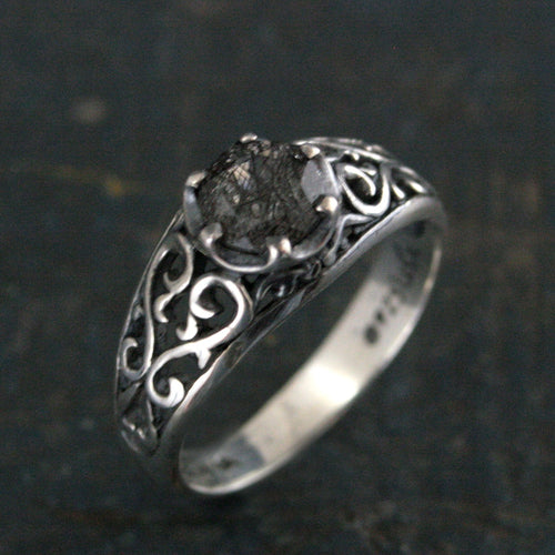 Black Rutilated Quartz Ring Maleficent Oxidized Polished Filigree Ring Gothic Ring Alternative Engagement Ring Black Silver Cocktail Ring