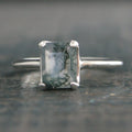 Moss Agate Ring Emerald Cut Solitaire Knife Edge Band 8x6 Moss Agate Modern Ring Minimalist Jewelry Statement Ring Rectangular Moss Agate