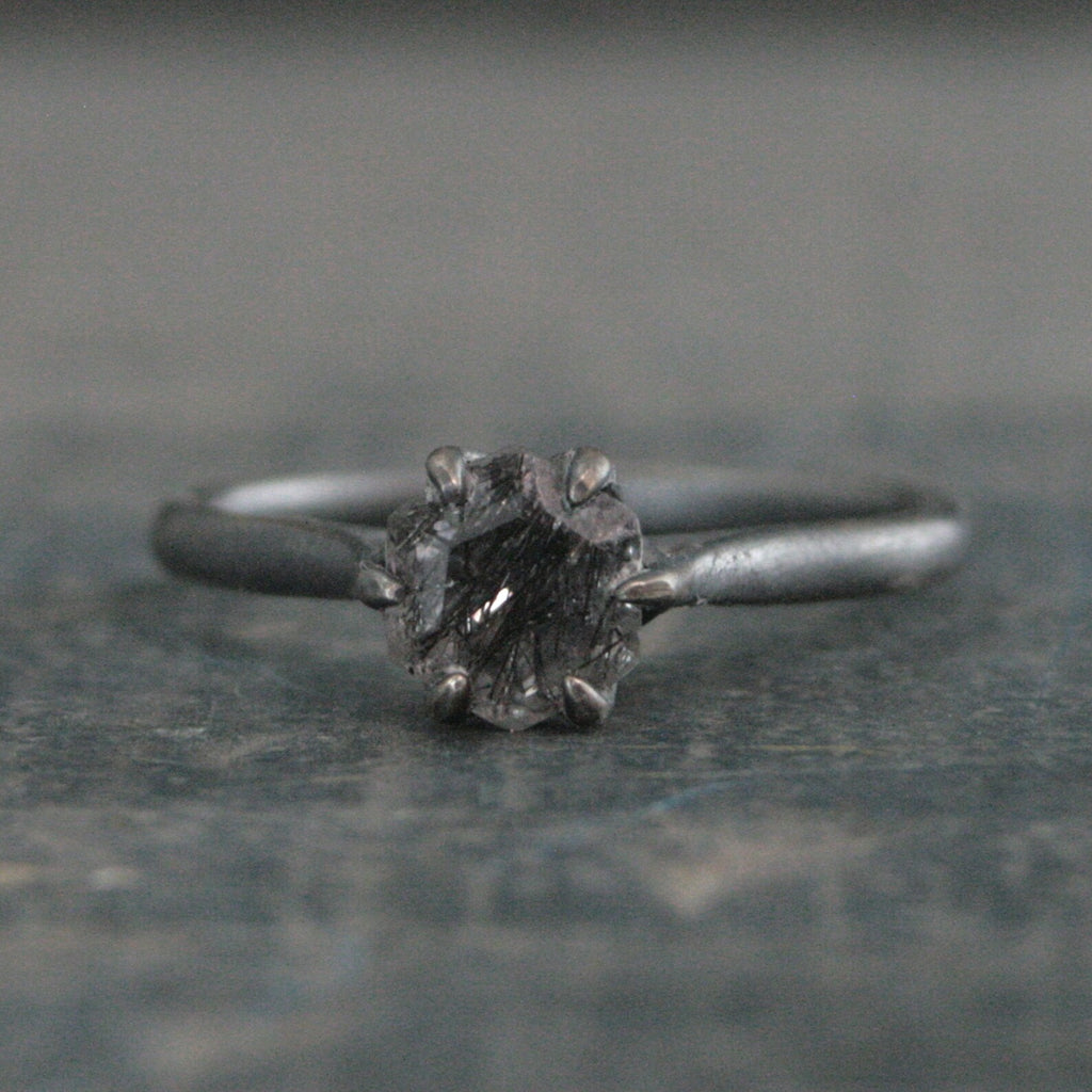 Hexagonal Black Rutilated Quartz Ring Hexagon Black Tourmalinated Quartz Ring Black Silver Oxidized Ring Six Prong Solitaire Gothic Black