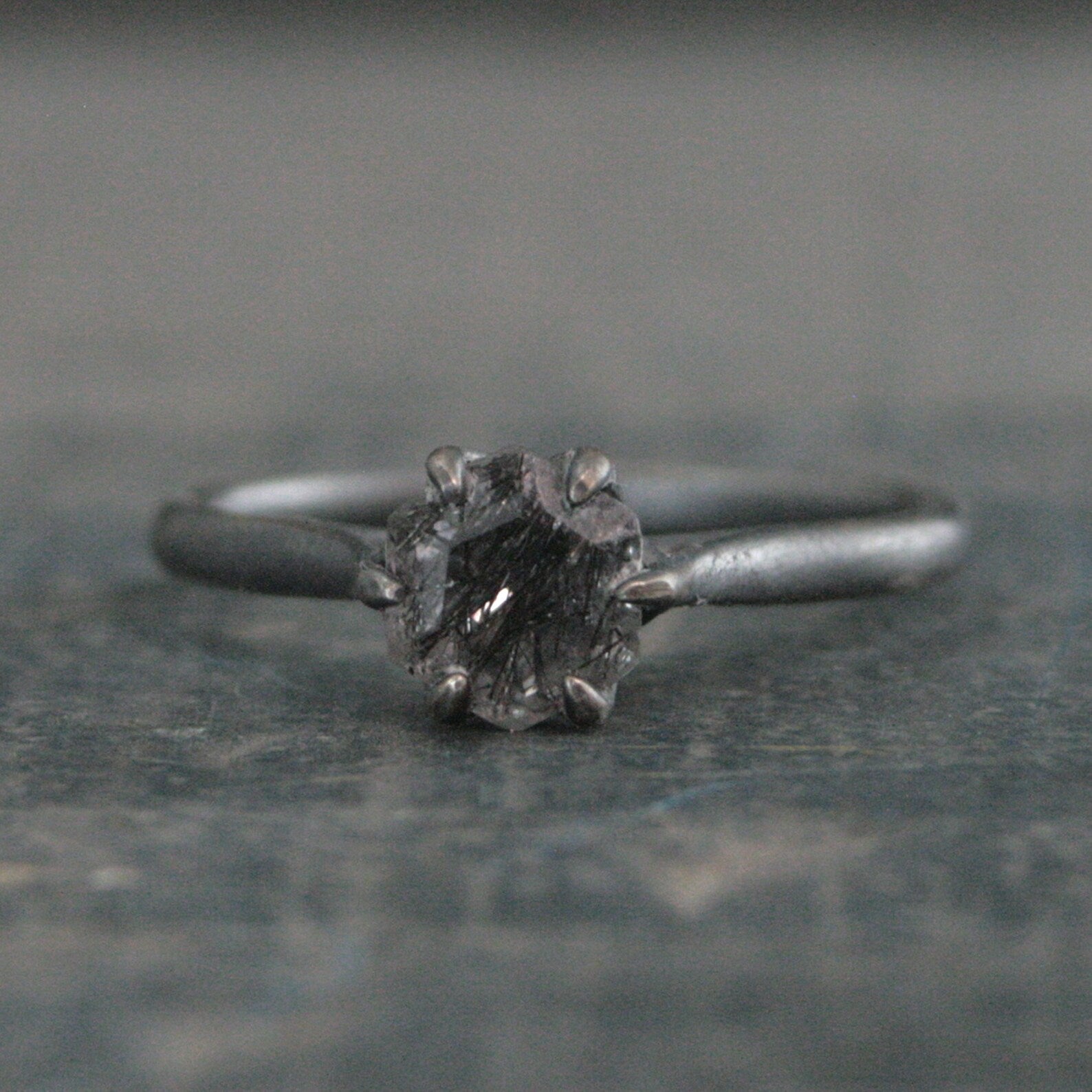 Hexagonal Black Rutilated Quartz Ring Hexagon Black Tourmalinated Quartz Ring Black Silver Oxidized Ring Six Prong Solitaire Gothic Black