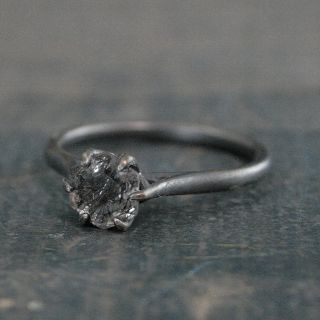Hexagonal Black Rutilated Quartz Ring Hexagon Black Tourmalinated Quartz Ring Black Silver Oxidized Ring Six Prong Solitaire Gothic Black