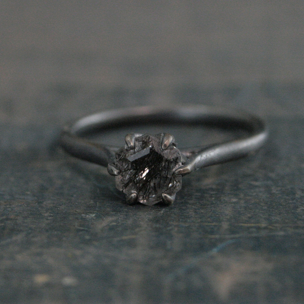 Hexagonal Black Rutilated Quartz Ring Hexagon Black Tourmalinated Quartz Ring Black Silver Oxidized Ring Six Prong Solitaire Gothic Black