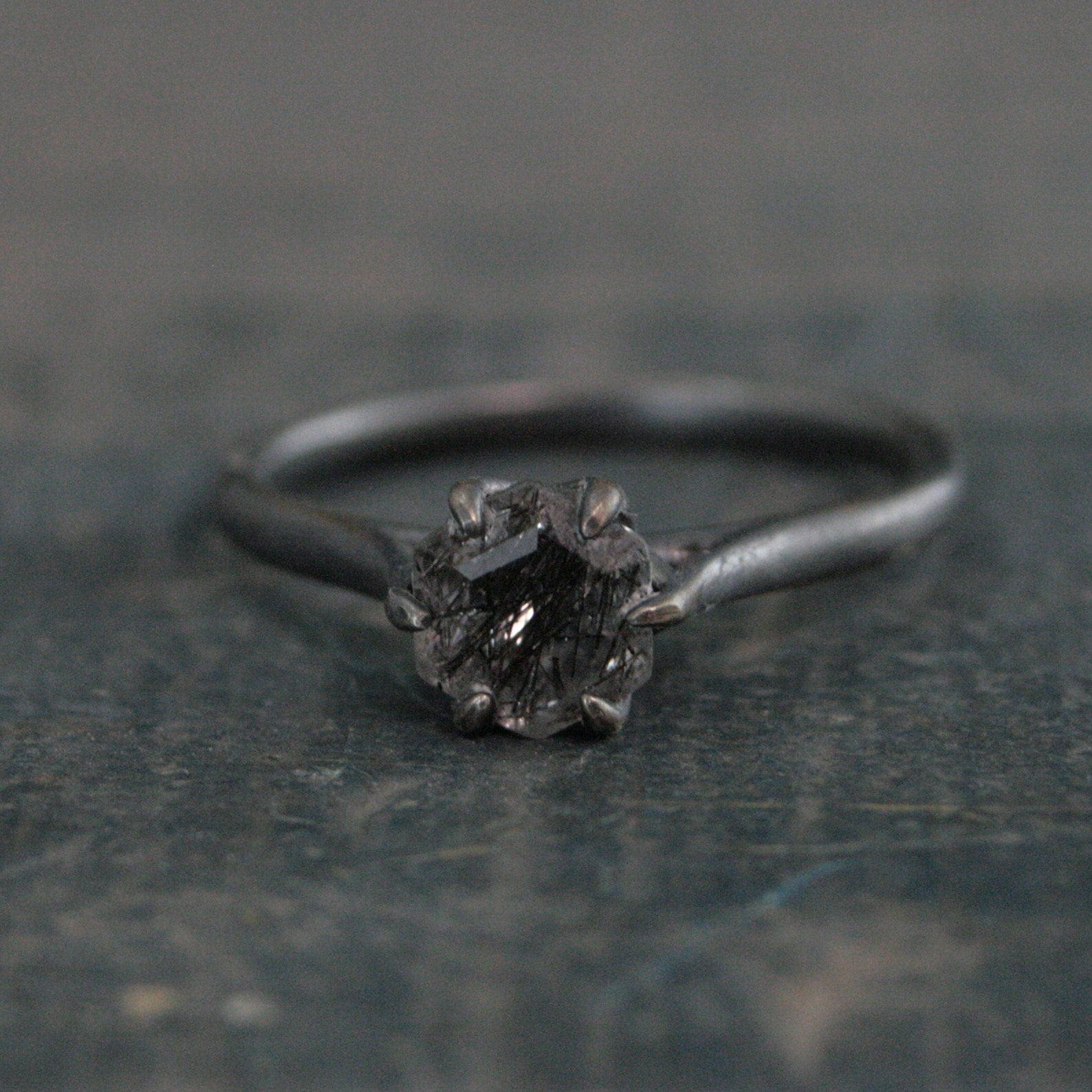 Hexagonal Black Rutilated Quartz Ring Hexagon Black Tourmalinated Quartz Ring Black Silver Oxidized Ring Six Prong Solitaire Gothic Black