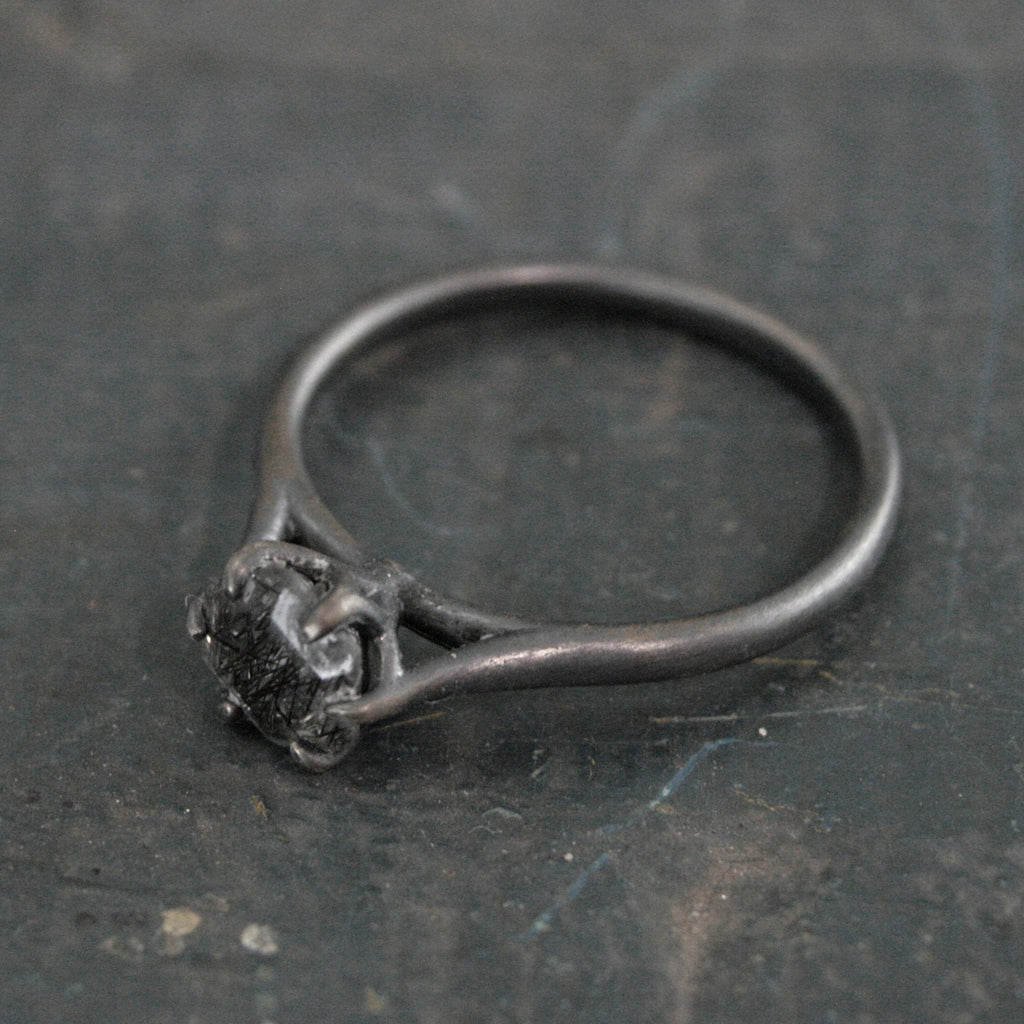 Hexagonal Black Rutilated Quartz Ring Hexagon Black Tourmalinated Quartz Ring Black Silver Oxidized Ring Six Prong Solitaire Gothic Black