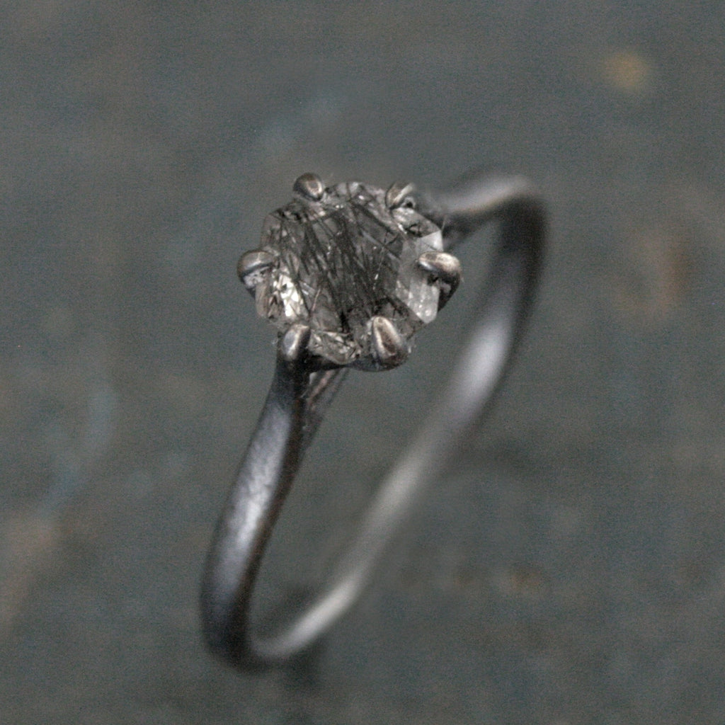 Hexagonal Black Rutilated Quartz Ring Hexagon Black Tourmalinated Quartz Ring Black Silver Oxidized Ring Six Prong Solitaire Gothic Black