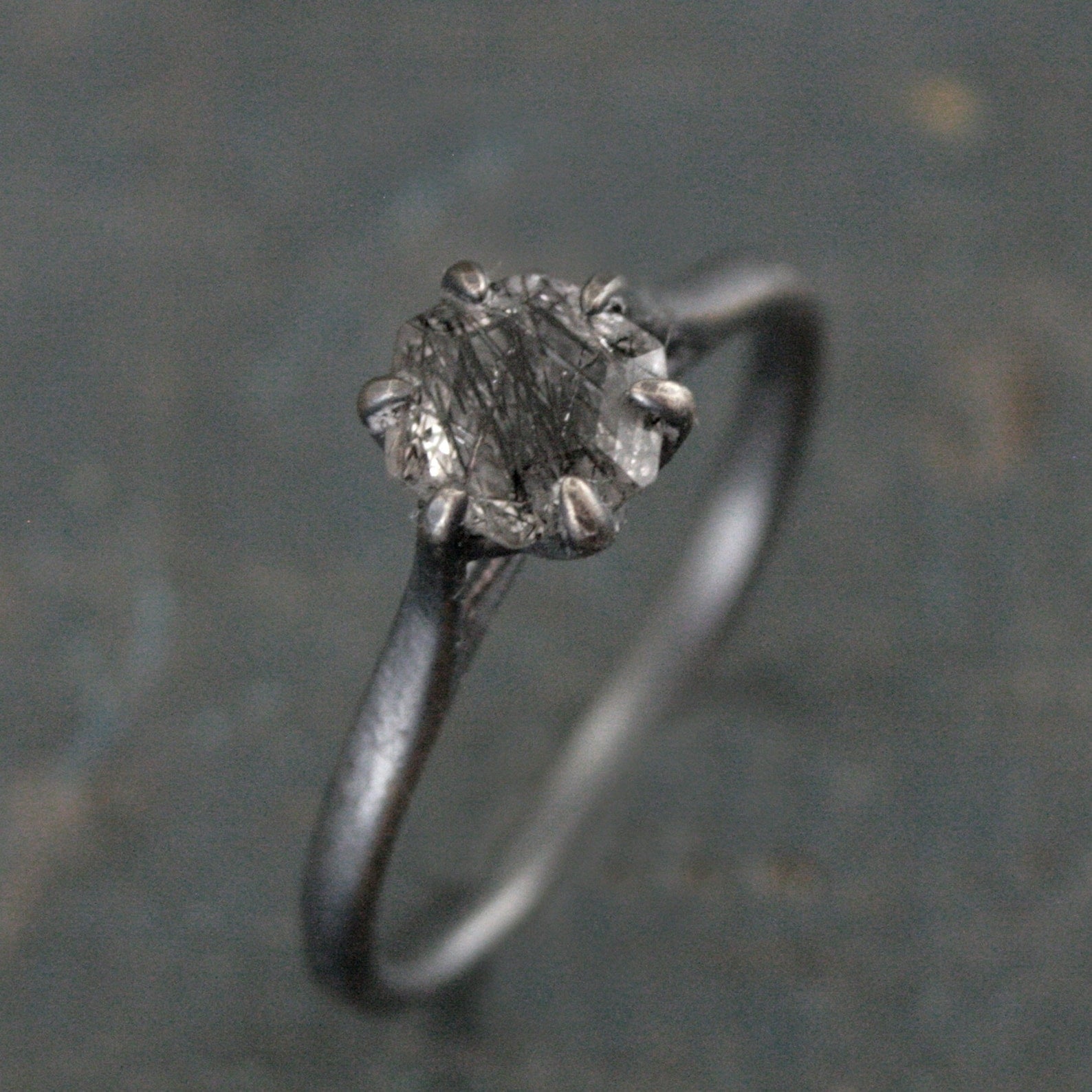 Hexagonal Black Rutilated Quartz Ring Hexagon Black Tourmalinated Quartz Ring Black Silver Oxidized Ring Six Prong Solitaire Gothic Black