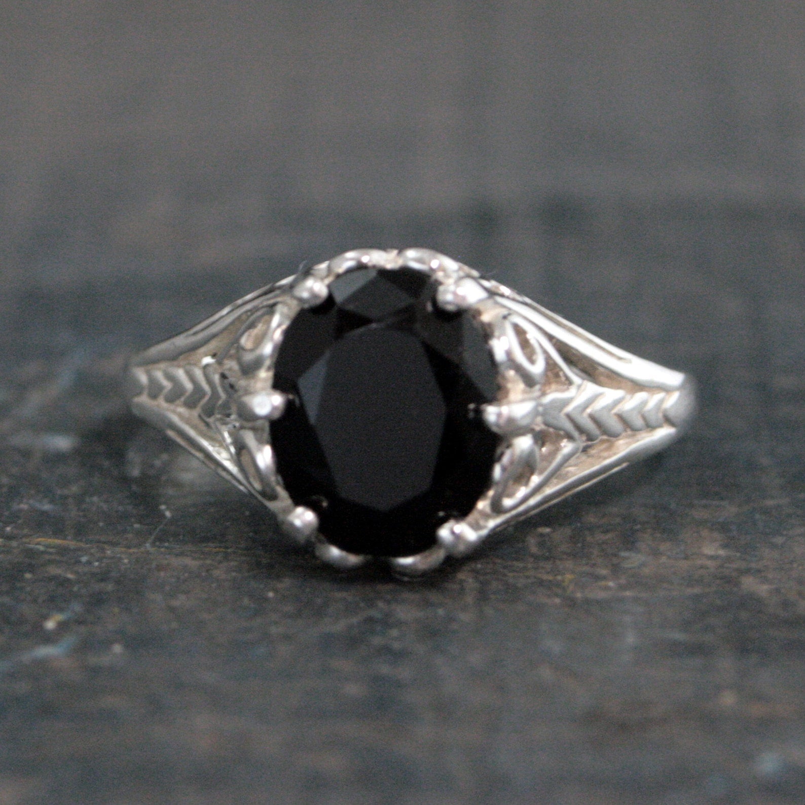 Onyx Ring Silver Filigree Ring 8 by 10 Oval Onyx Ring Dark Fairy Antique Style Ring Facetted Genuine Onyx Oval Ring Unique Engagement Ring