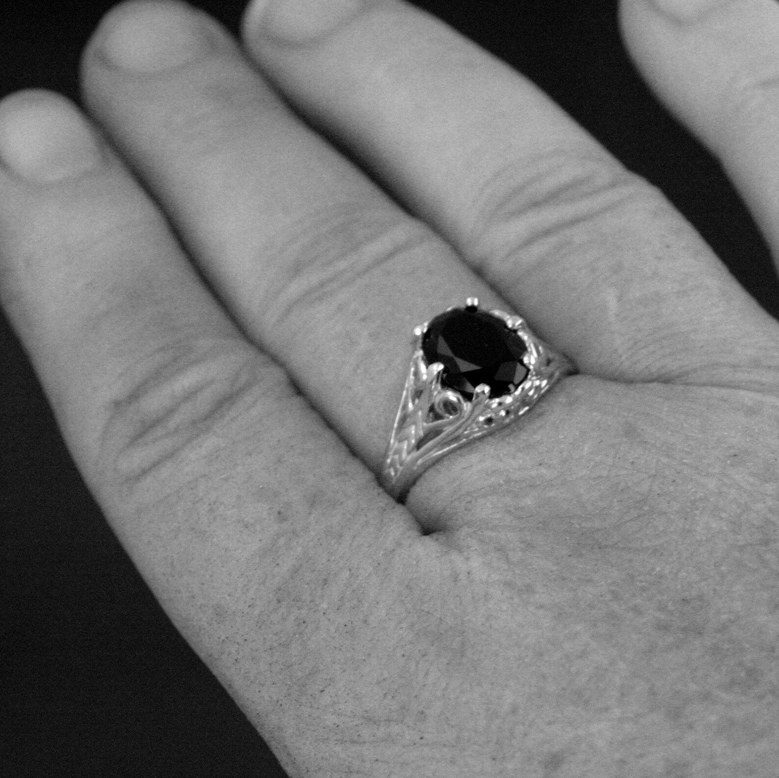 Onyx Ring Silver Filigree Ring 8 by 10 Oval Onyx Ring Dark Fairy Antique Style Ring Facetted Genuine Onyx Oval Ring Unique Engagement Ring