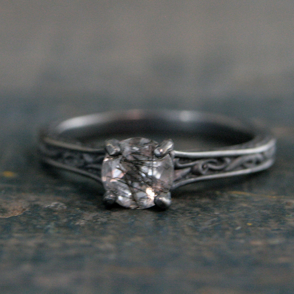 Black Rutilated Quartz Ring Gothic Vine Flourish Cathedral Oxidized Black Silver Ring Unique Engagement Ring Black Tourmalinated Quartz Ring