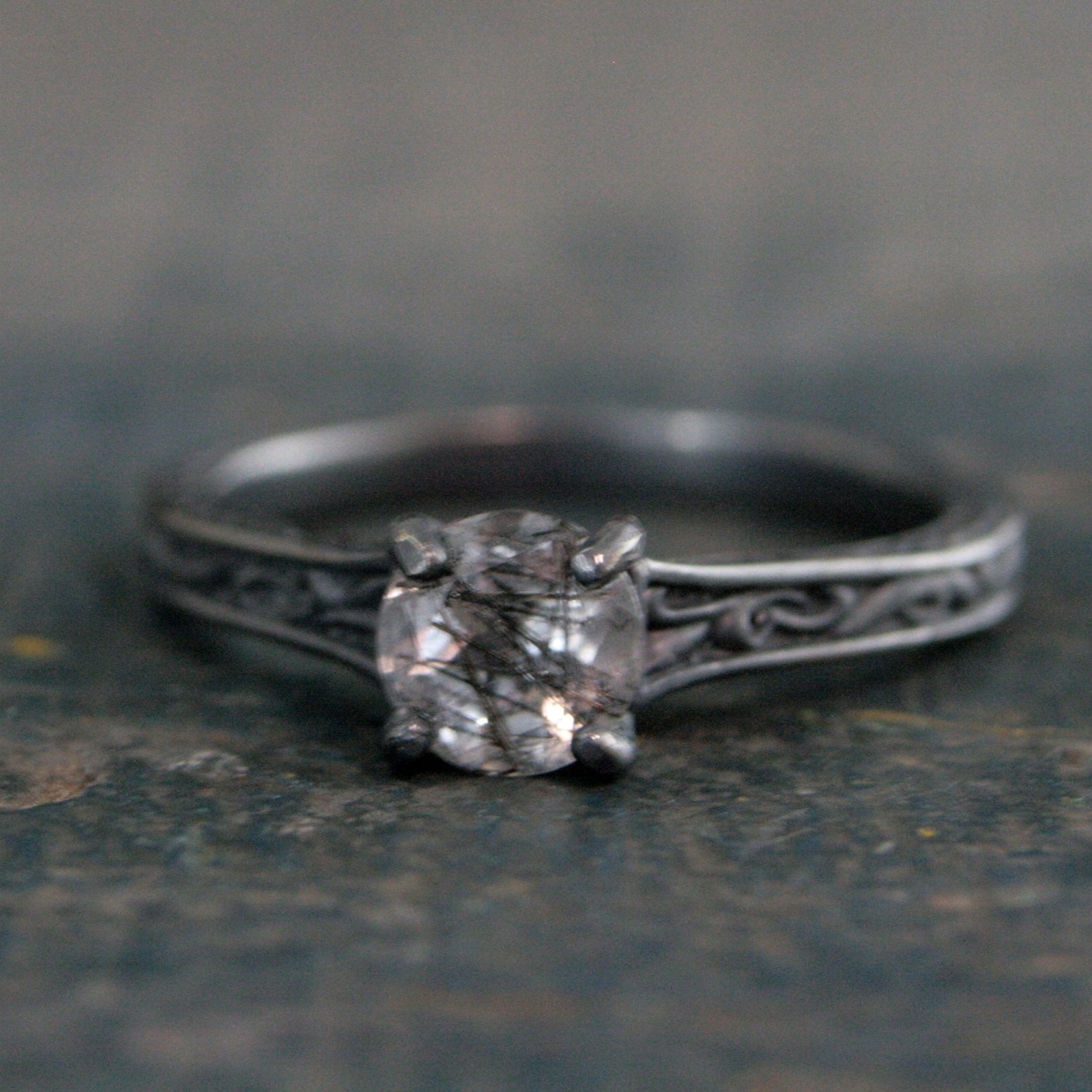 Black Rutilated Quartz Ring Gothic Vine Flourish Cathedral Oxidized Black Silver Ring Unique Engagement Ring Black Tourmalinated Quartz Ring