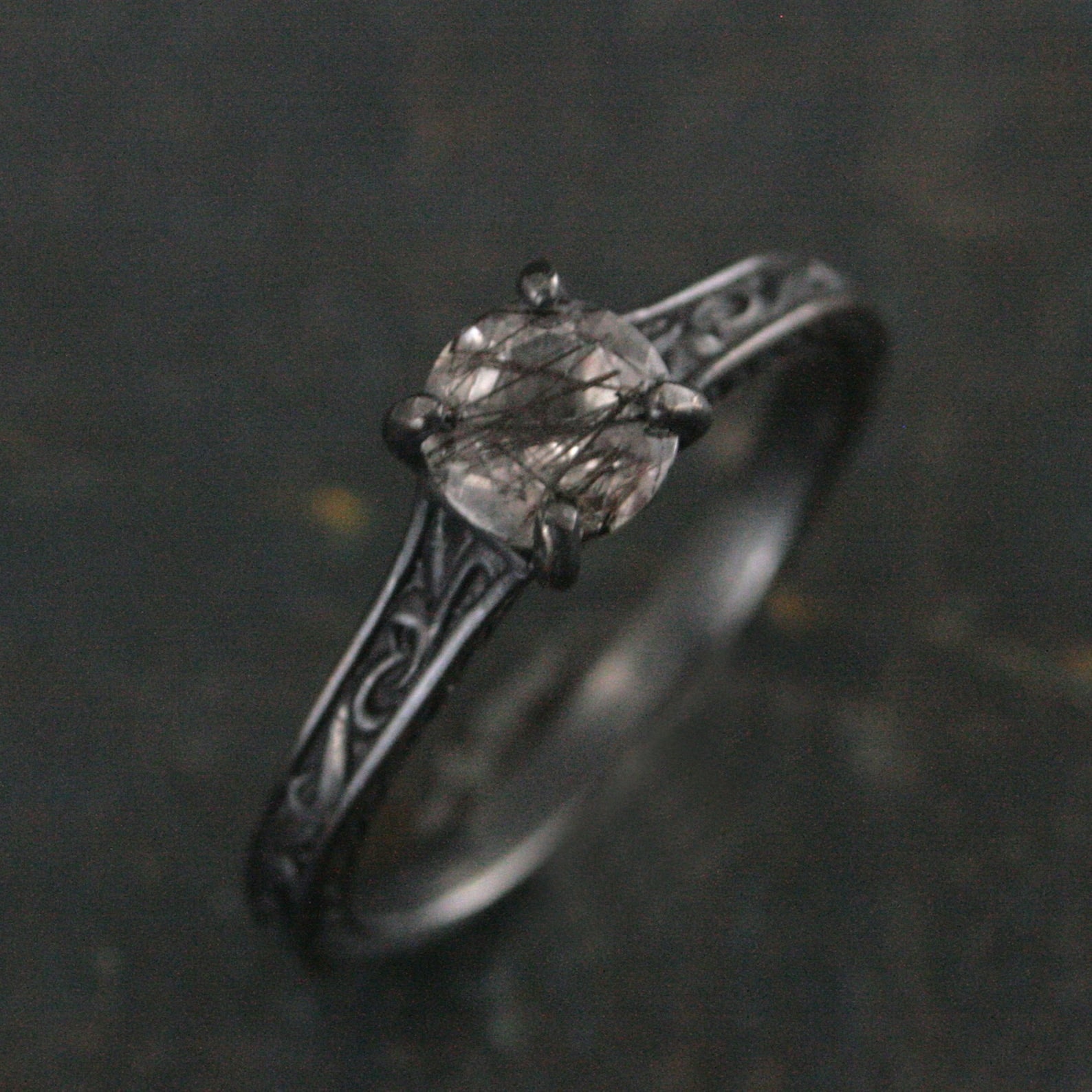 Black Rutilated Quartz Ring Gothic Vine Flourish Cathedral Oxidized Black Silver Ring Unique Engagement Ring Black Tourmalinated Quartz Ring