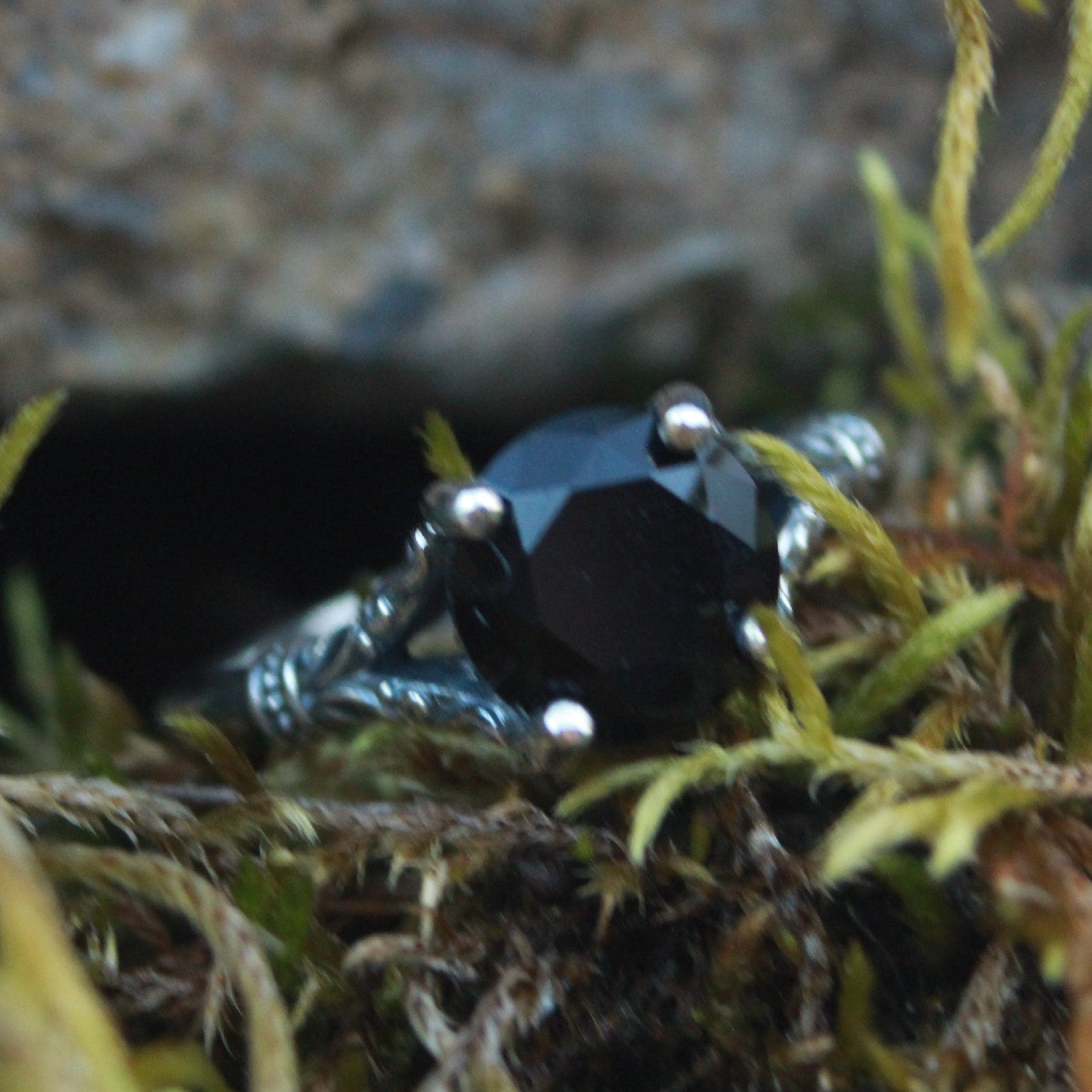 Black Onyx Ring Nordic Design Scrollwork Split Shank Solitaire Oxidized Silver Antiqued Ring Vintage Design Unique Engagement Ring Gothic