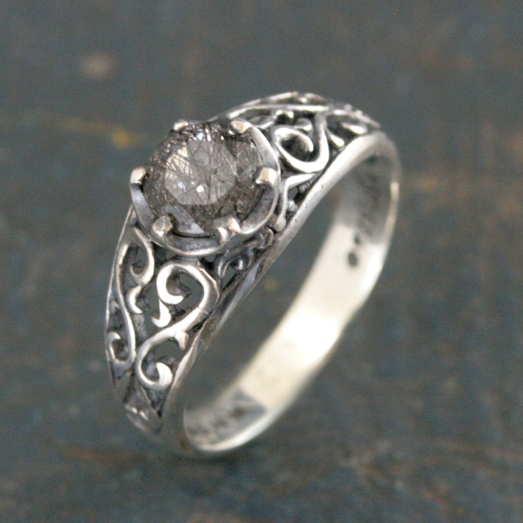 Black Rutilated Quartz Ring Maleficent Oxidized Polished Filigree Ring Gothic Ring Alternative Engagement Ring Black Silver Cocktail Ring
